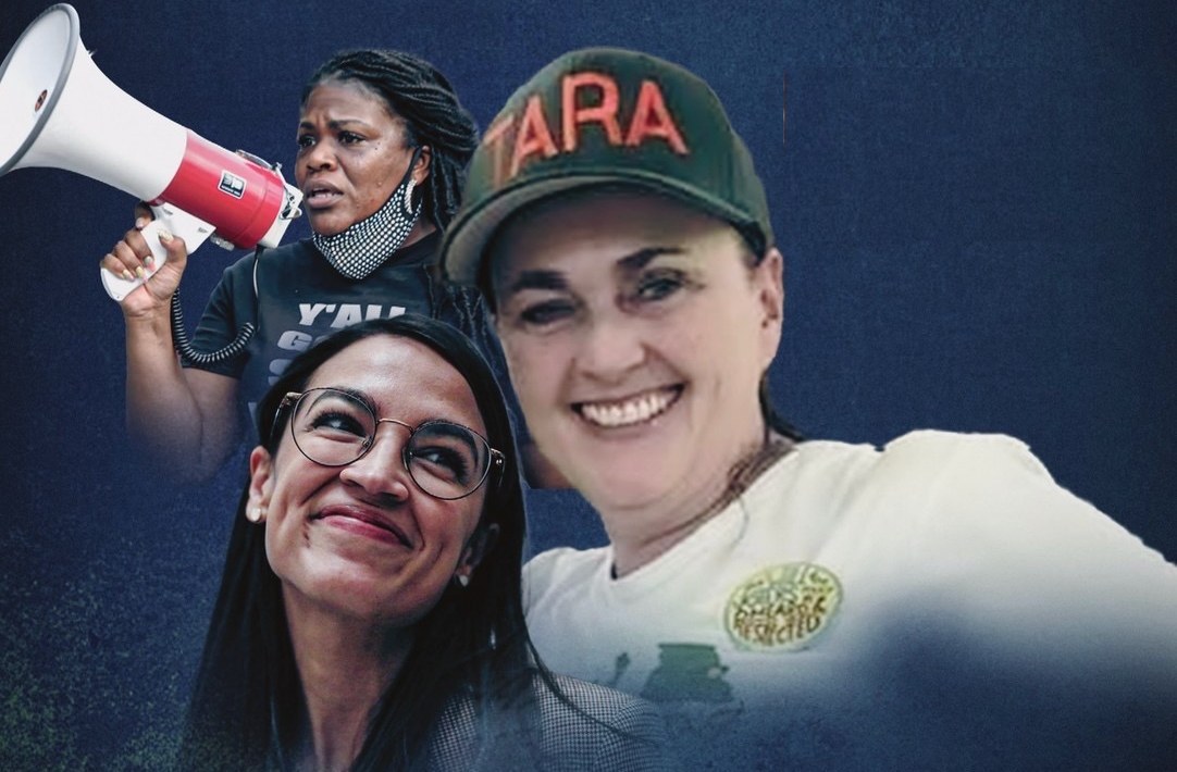 Tara Murray in a “Tara” cap alongside Rep. Cori Bush and Rep. Alexandria Ocasio-Cortez